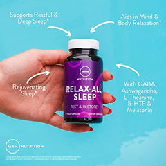 MRM Relax-All Sleep capsules in bottle against dark night for calm support