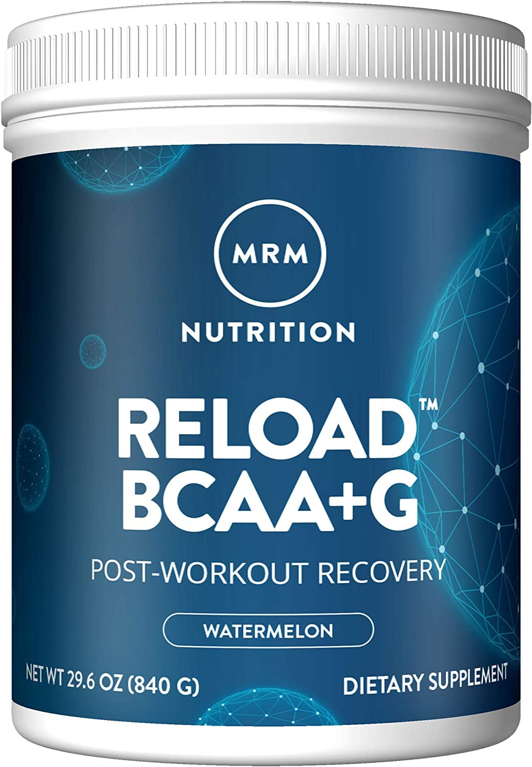 MRM Reload watermelon tub close-up showing powder texture for post-workout recovery.