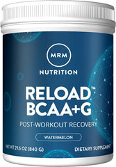 MRM Reload watermelon tub close-up showing powder texture for post-workout recovery.