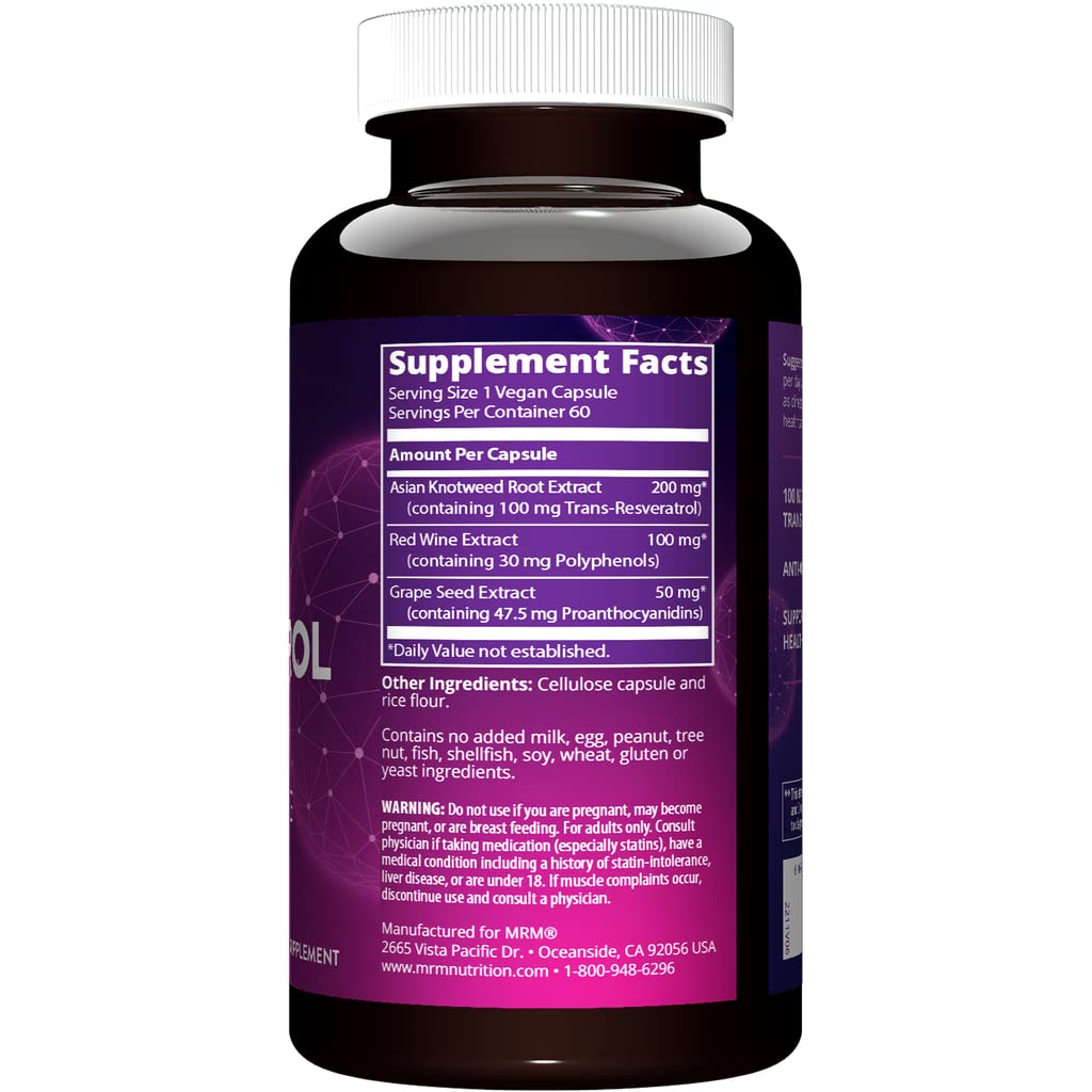 MRM Resveratrol capsule close-up emphasizing 100 mg trans-resveratrol potency