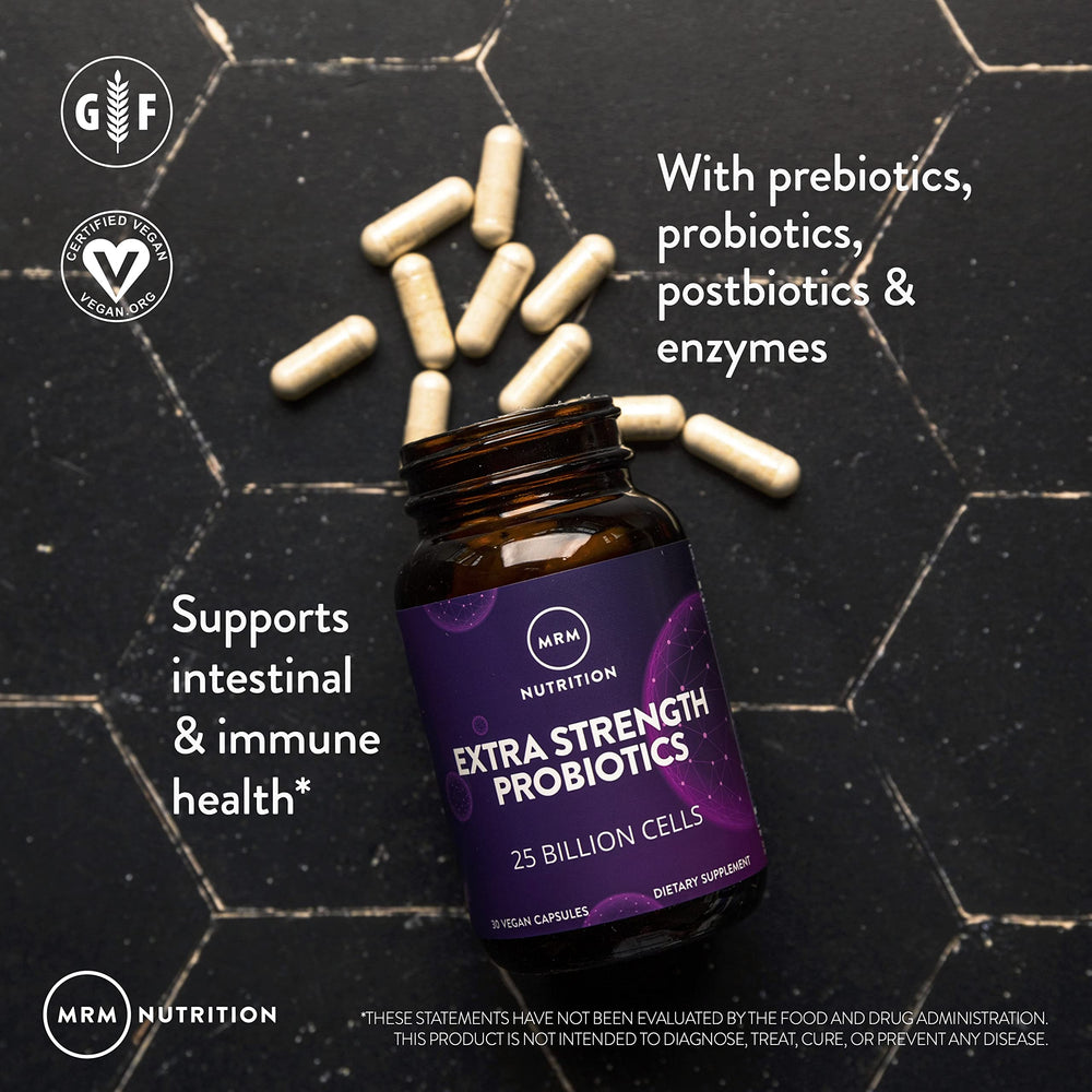 MRM shelf-stable 30 servings packaging for easy daily probiotic routine.