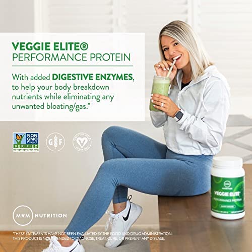 MRM Veggie Elite Performance Protein canister label close-up highlighting vegan and gluten-free features