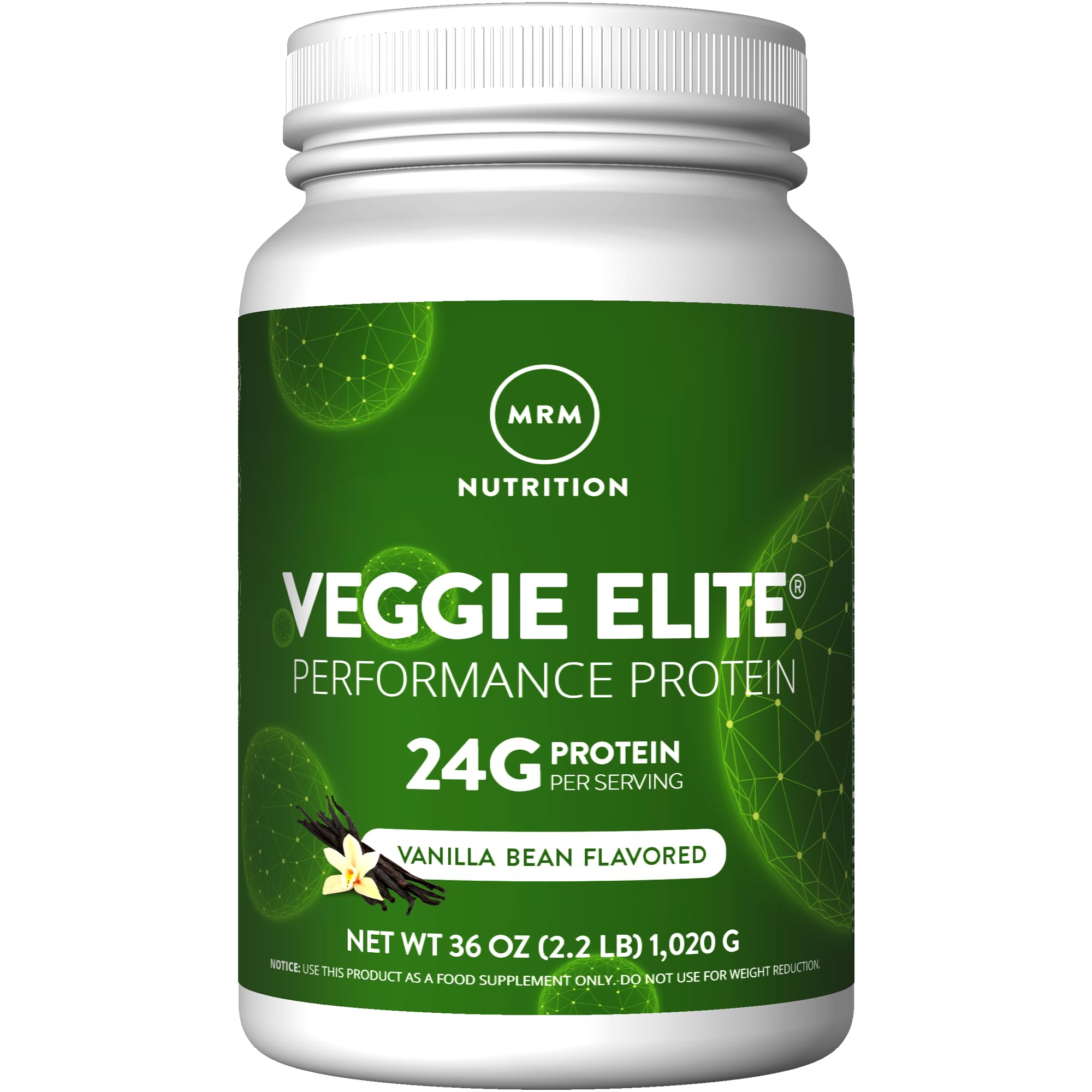 MRM Veggie Elite Protein Vanilla Bean bottle showing convenient daily plant-based protein.