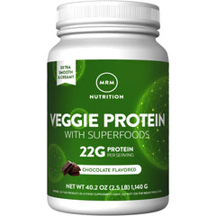 MRM Veggie Protein Powder chocolate bottle showing vegan protein source and gluten-free profile