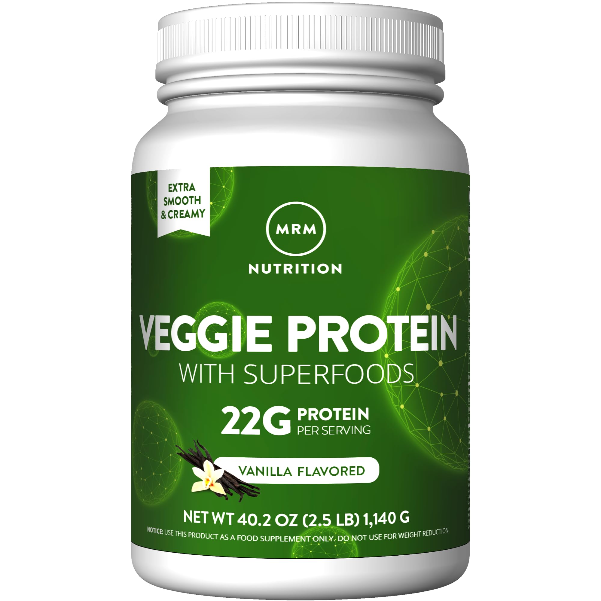 MRM Veggie Protein with Superfoods vanilla bottle highlighting complete amino acids and antioxidants.