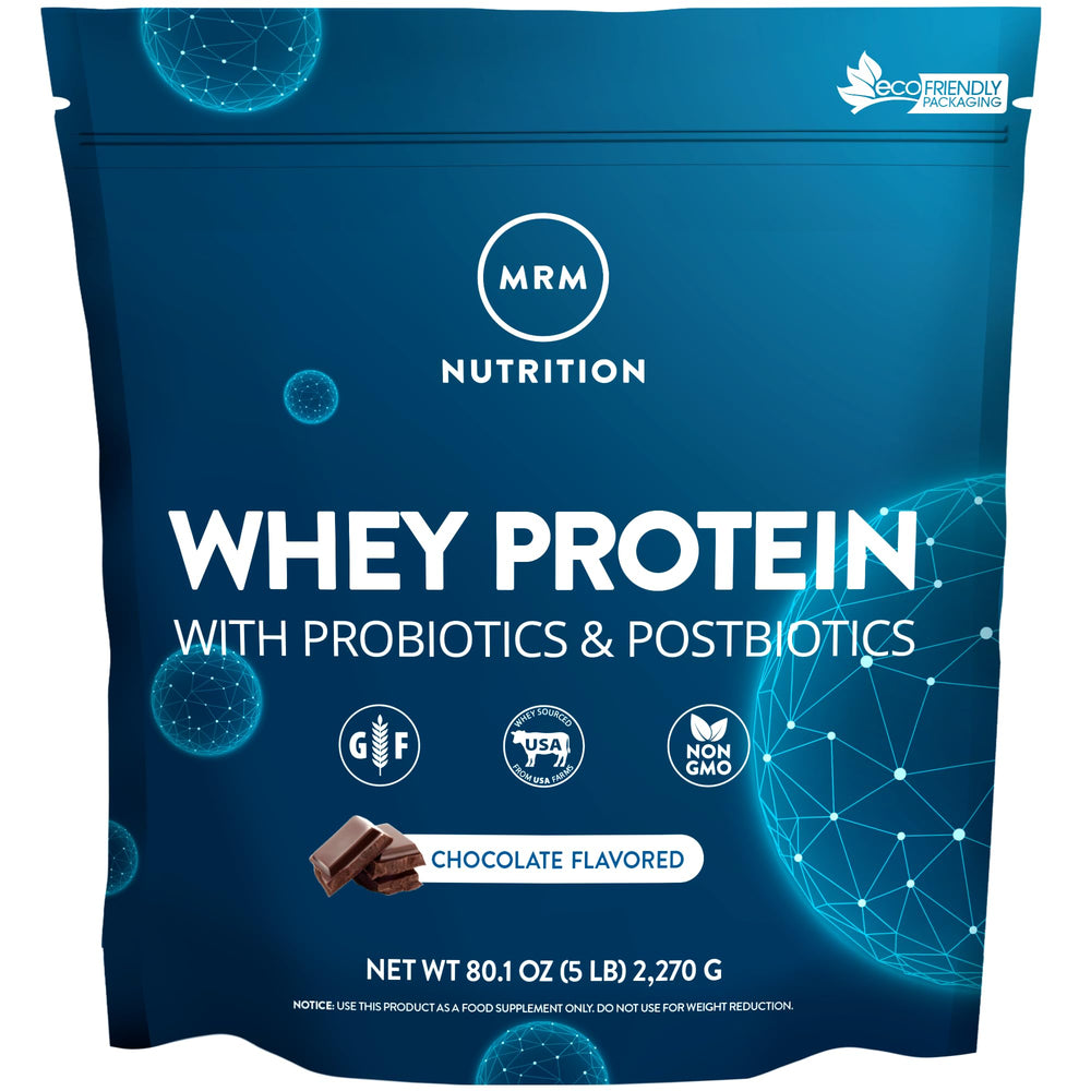 MRM Whey Protein Chocolate tub front view highlighting grass-fed formula and probiotic blend for digestion support.