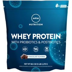 MRM Whey Protein Chocolate tub front view highlighting grass-fed formula and probiotic blend for digestion support.
