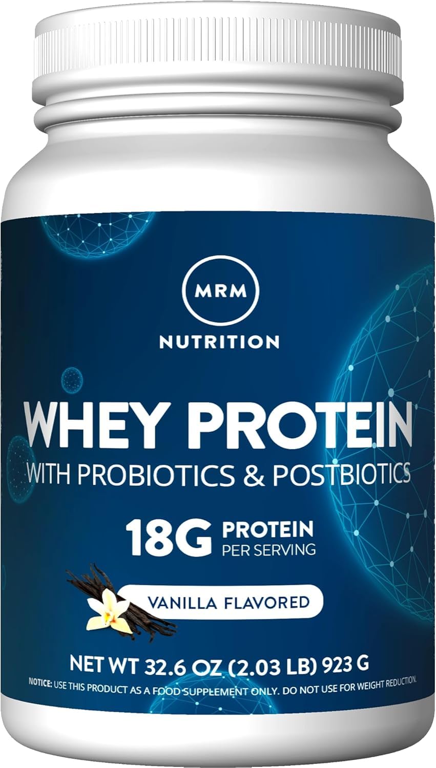 MRM Whey Protein Vanilla bottle illustrating high absorption and digestive support.