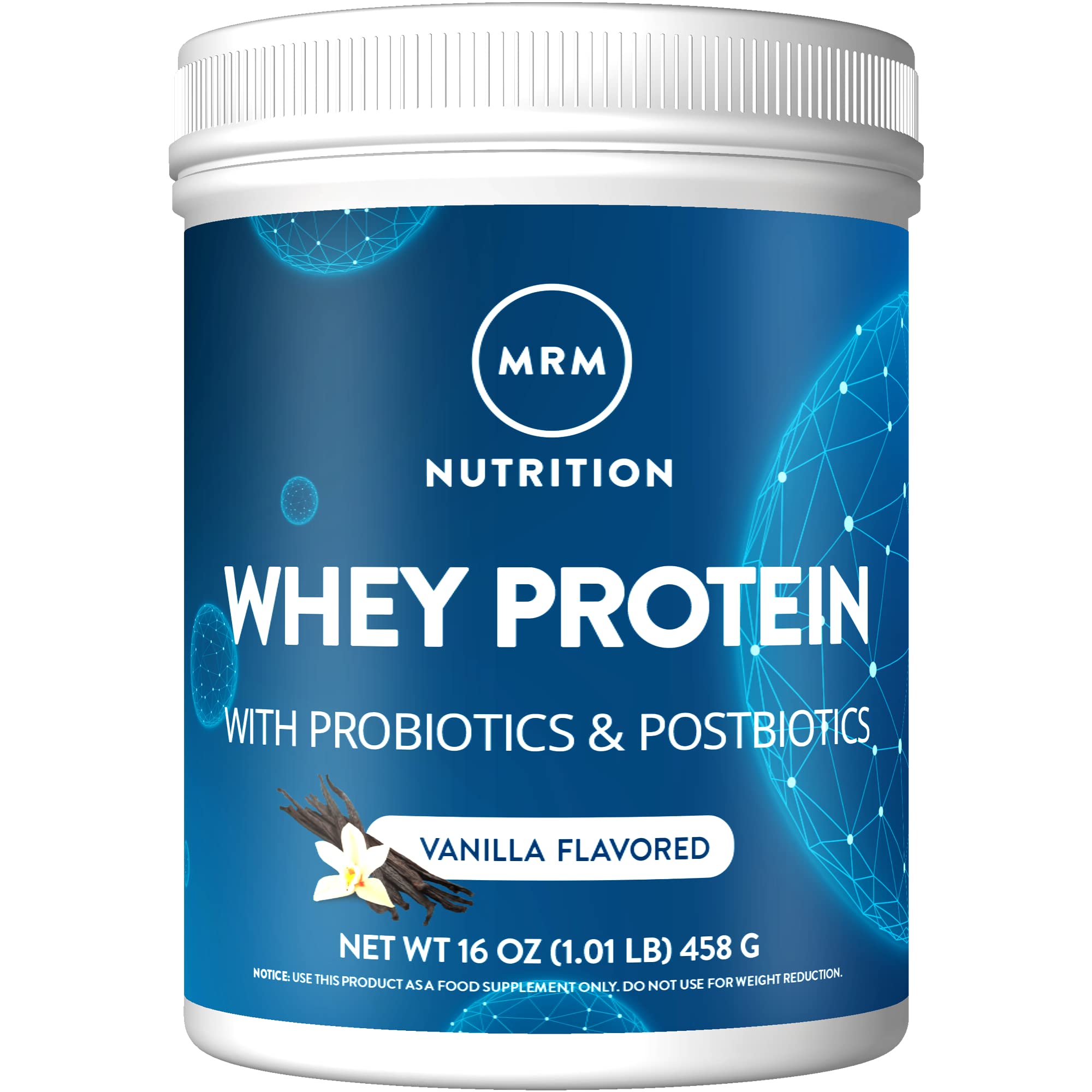MRM Whey Protein Vanilla bottle highlights high absorption and probiotic blend.
