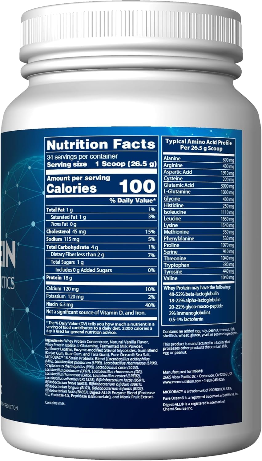 MRM Whey Protein Vanilla tub highlighting probiotic blend and gut health support.