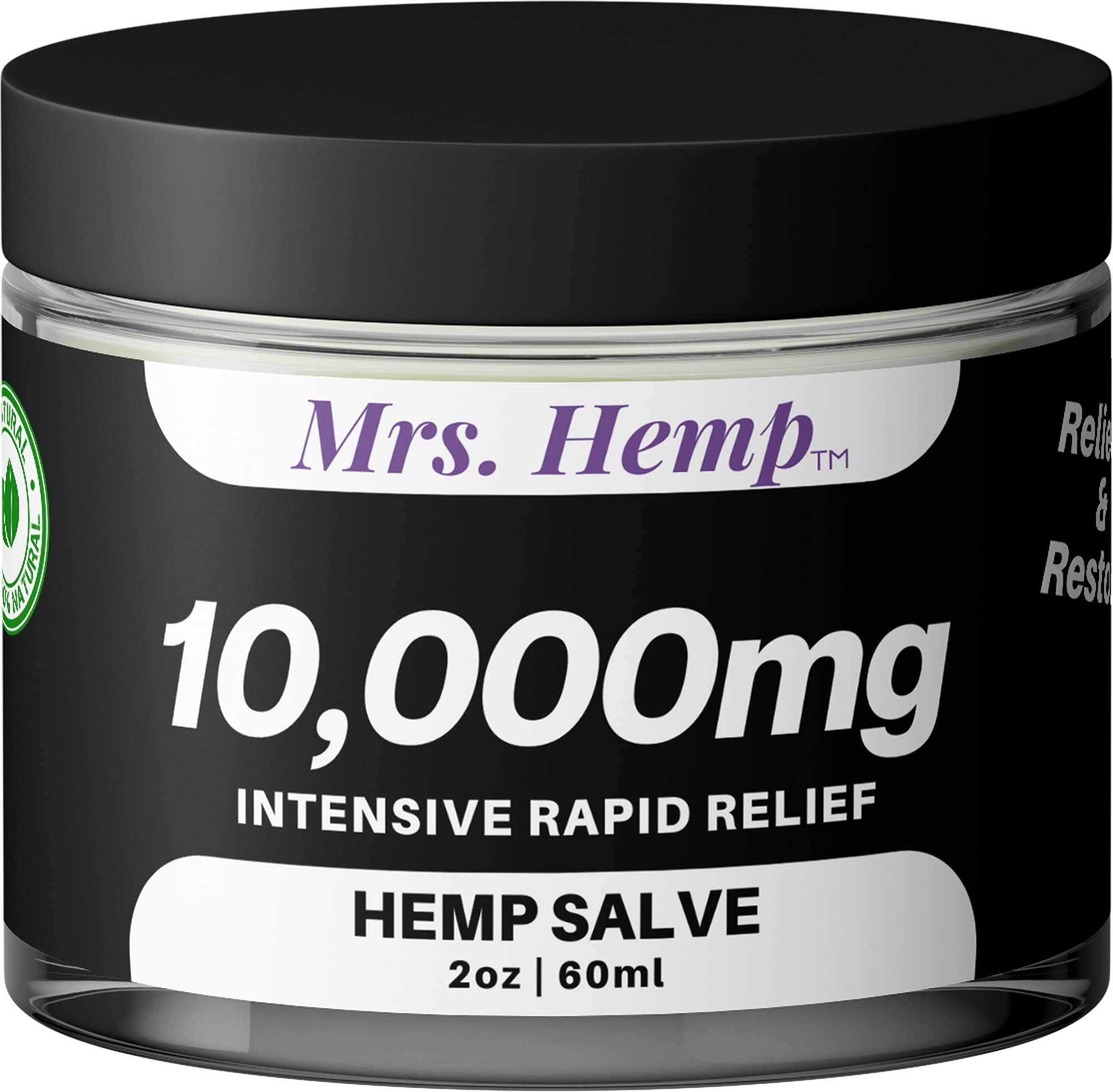 MRS. Hemp 10000mg salve jar shows premium, all-natural relief for daily comfort