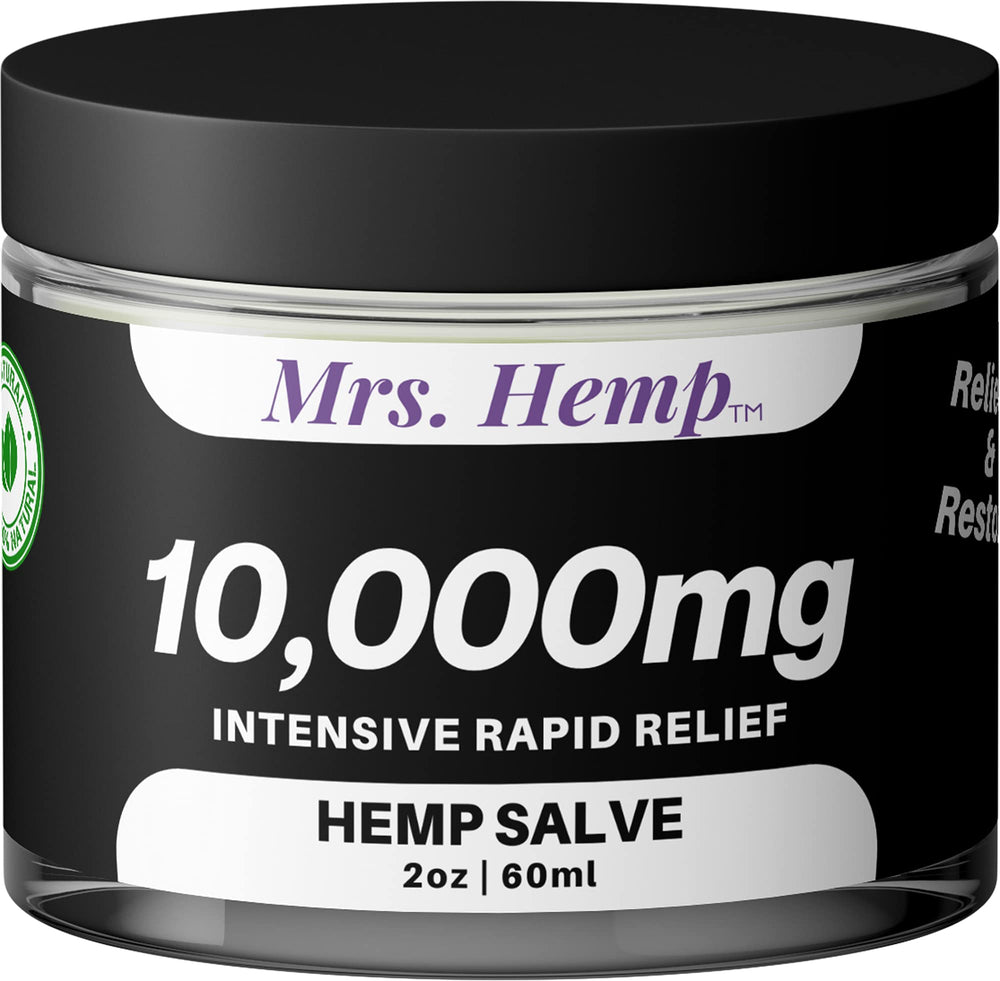 MRS. Hemp 10000mg salve jar shows premium, all-natural relief for daily comfort
