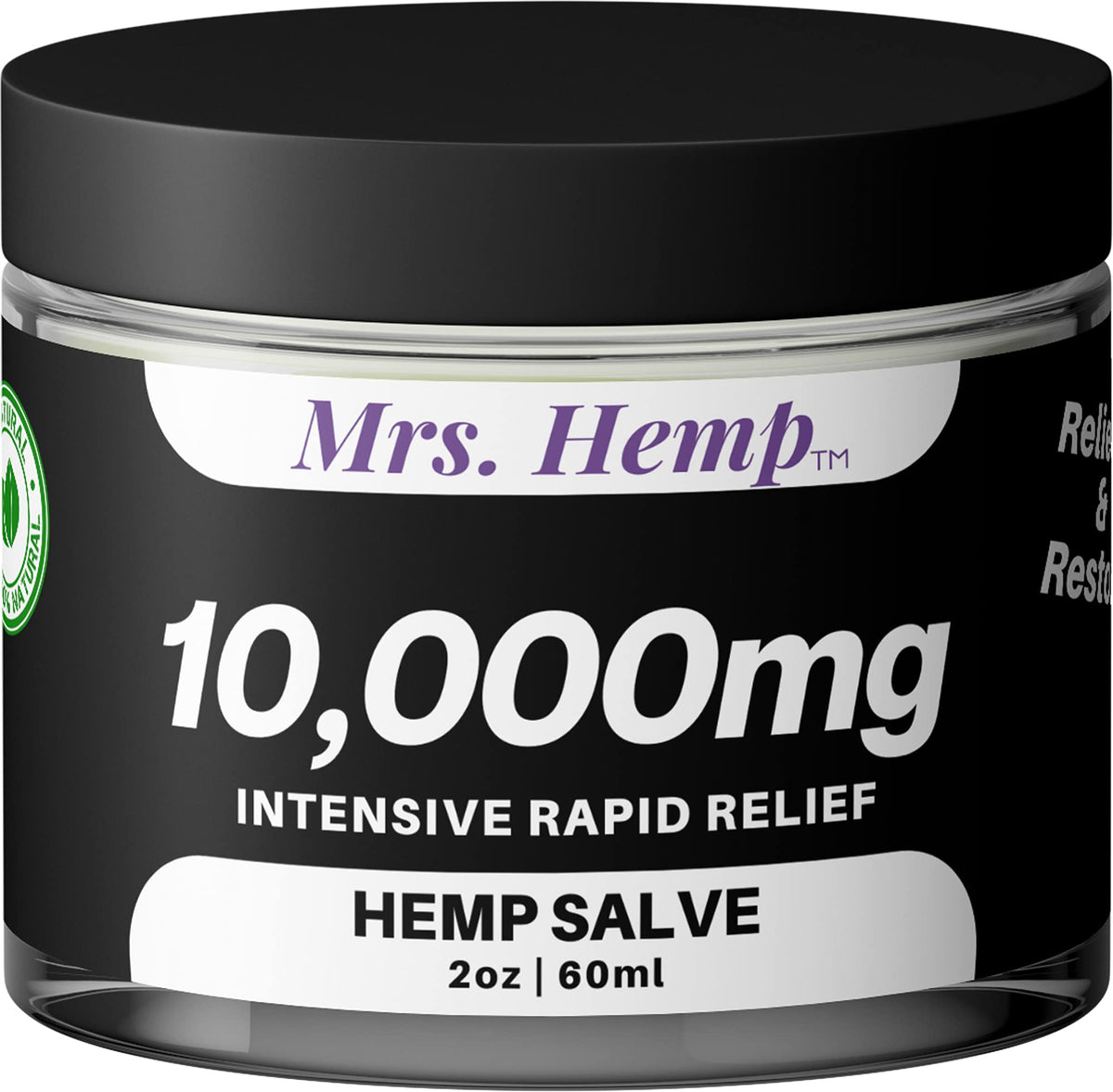 MRS. Hemp 10000mg salve jar shows premium, all-natural relief for daily comfort