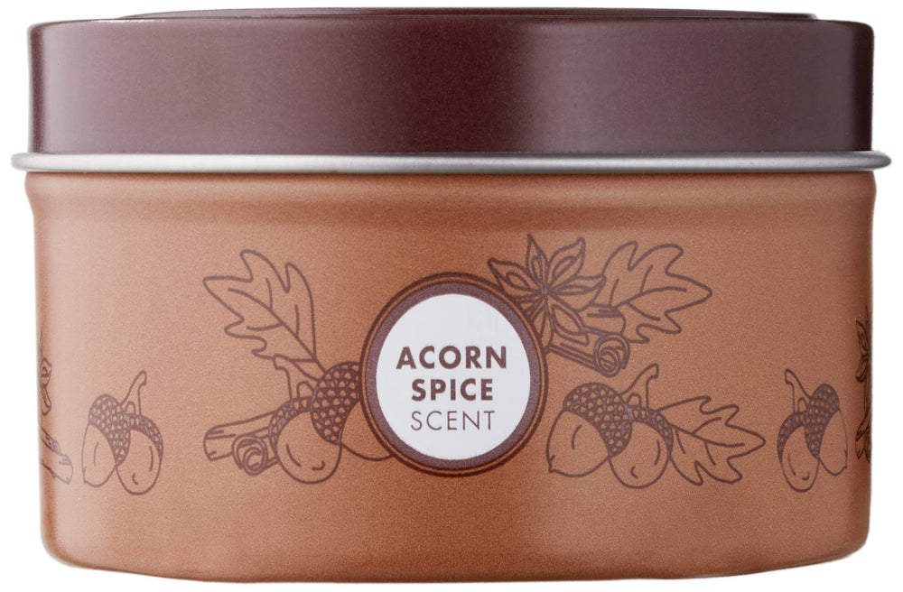 Mrs. Meyer's Acorn Spice candle-packaging shot emphasizing recyclable tin.