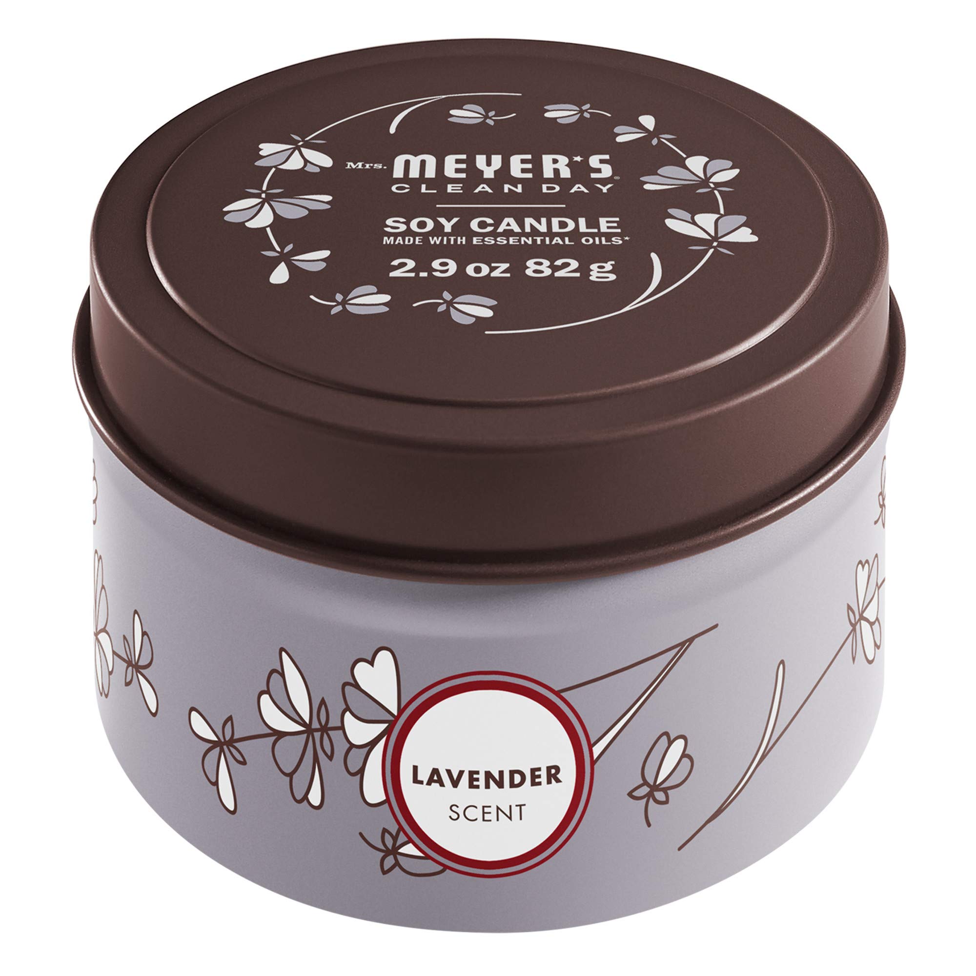Mrs. Meyer's Lavender tin candle in decorative packaging for a calm home ambiance