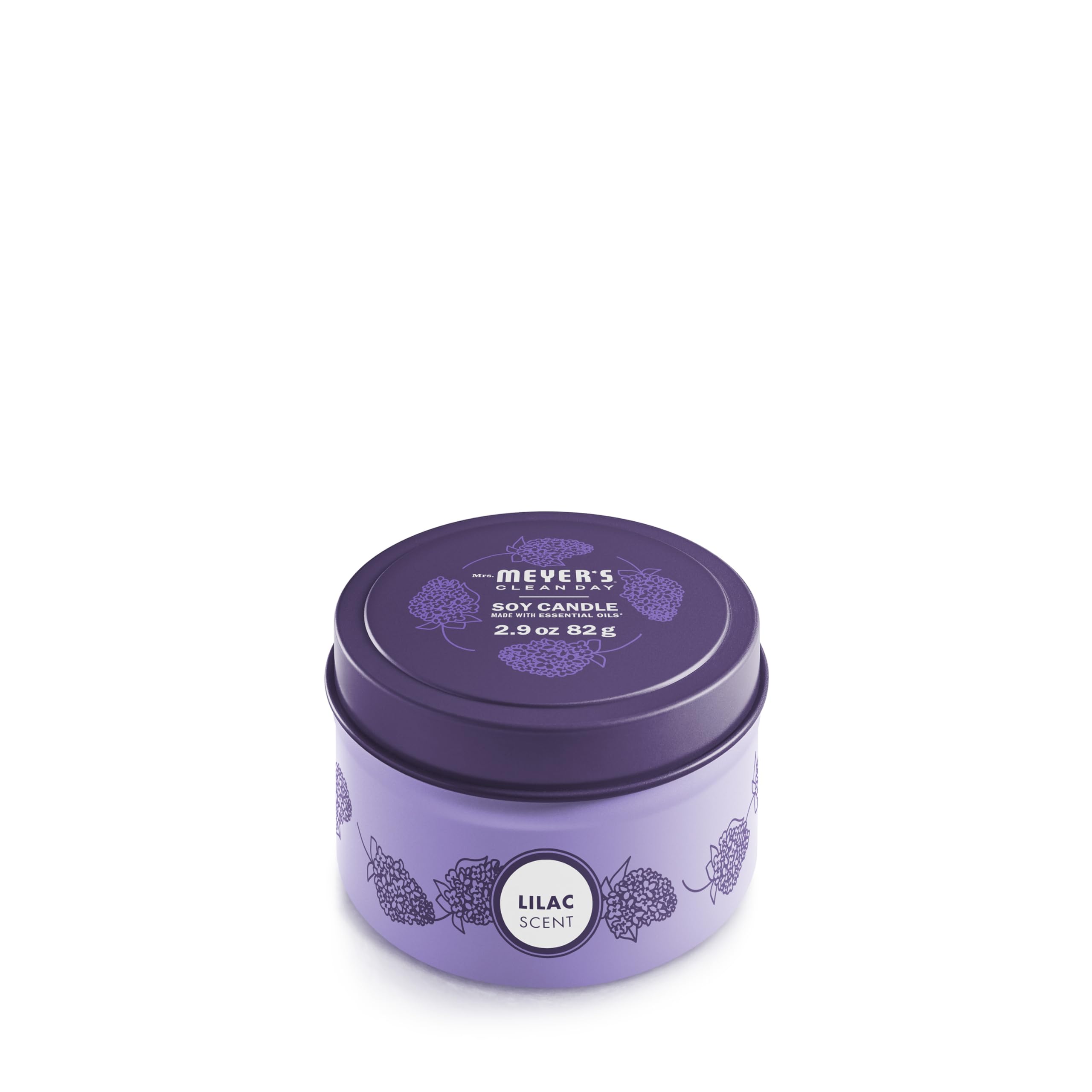 Mrs. Meyer's Lilac candle tin front adds soft floral ambiance for cleaning days
