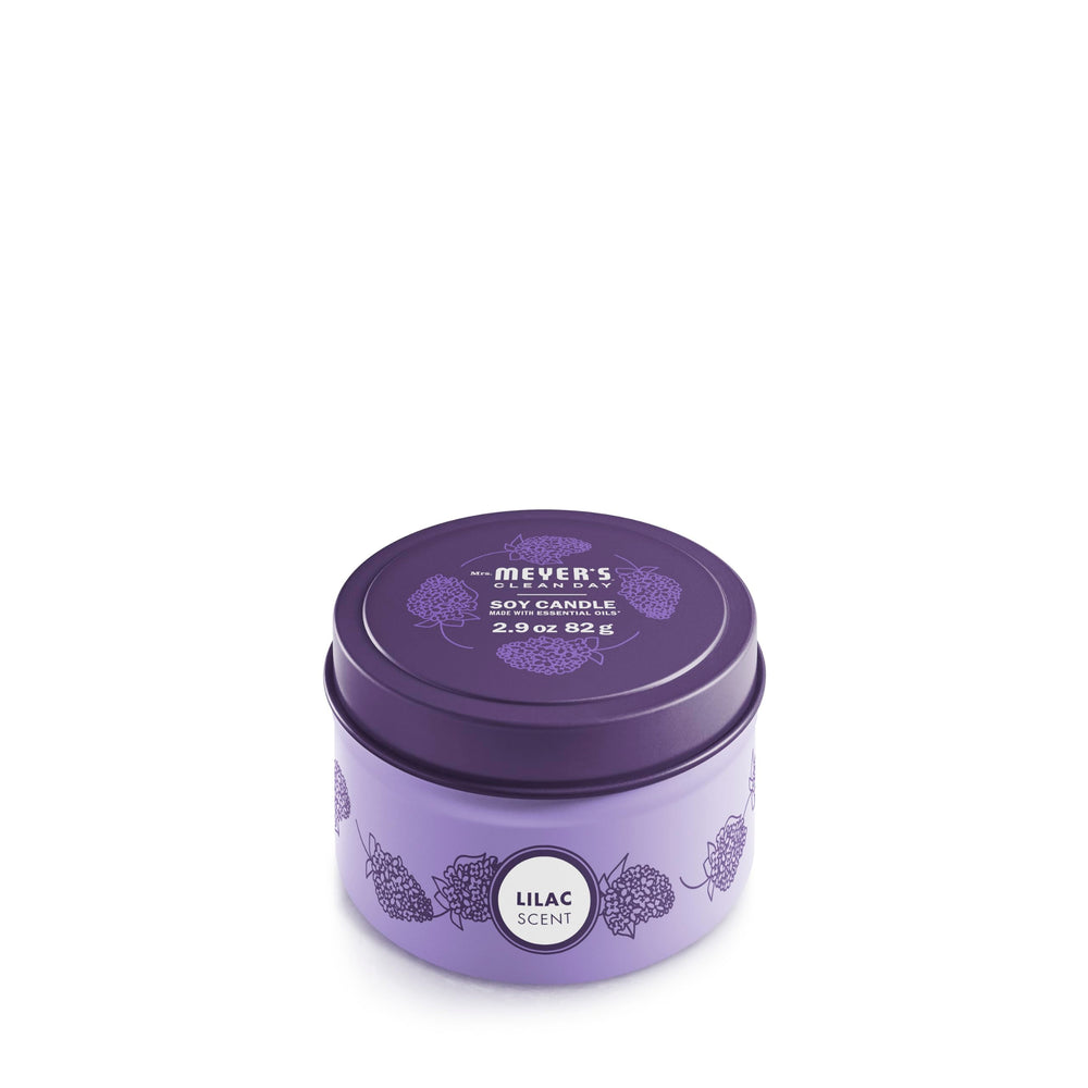 Mrs. Meyer's Lilac candle tin front adds soft floral ambiance for cleaning days