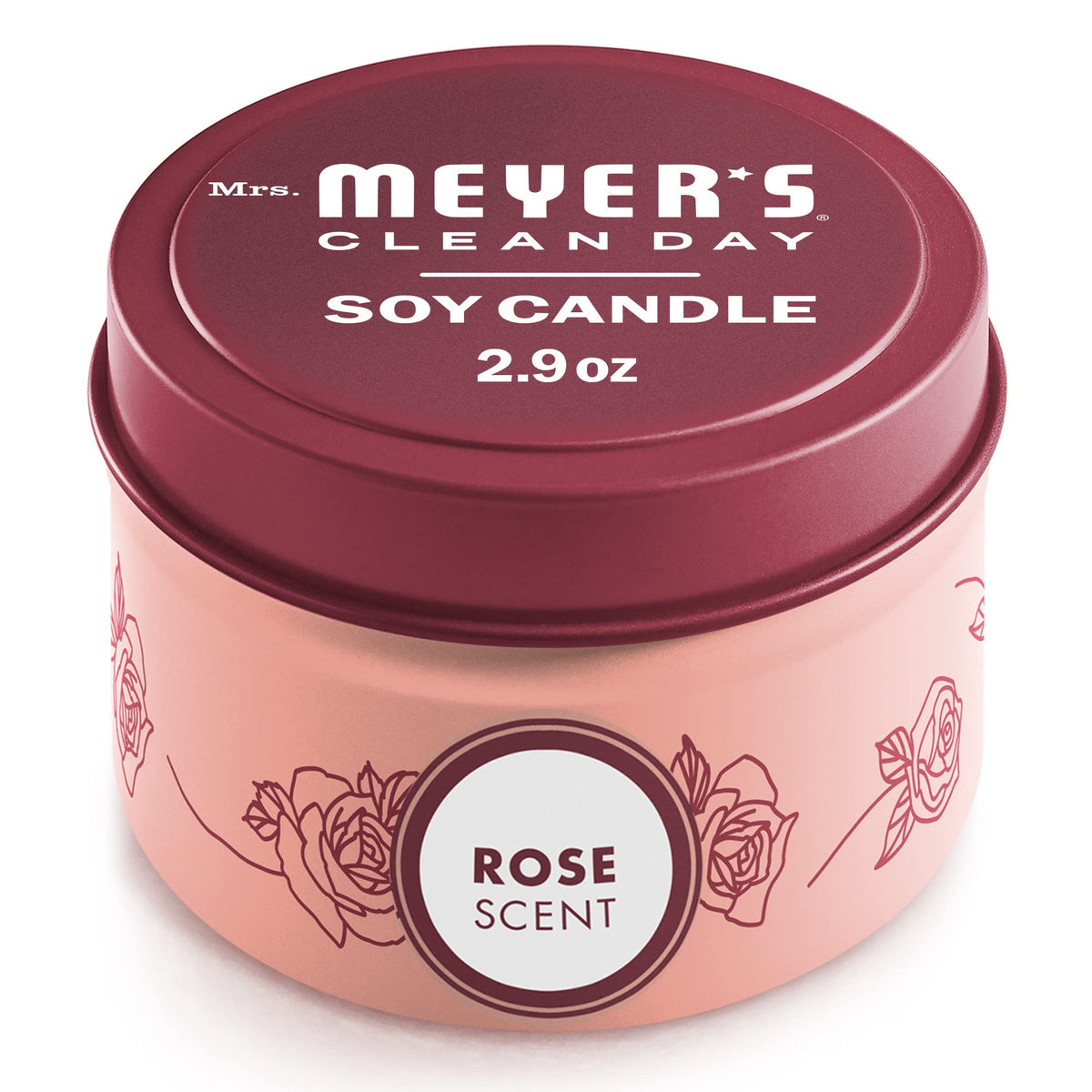 Mrs. Meyer's Rose Tin Candle offers a bright rose fragrance for a welcoming room.