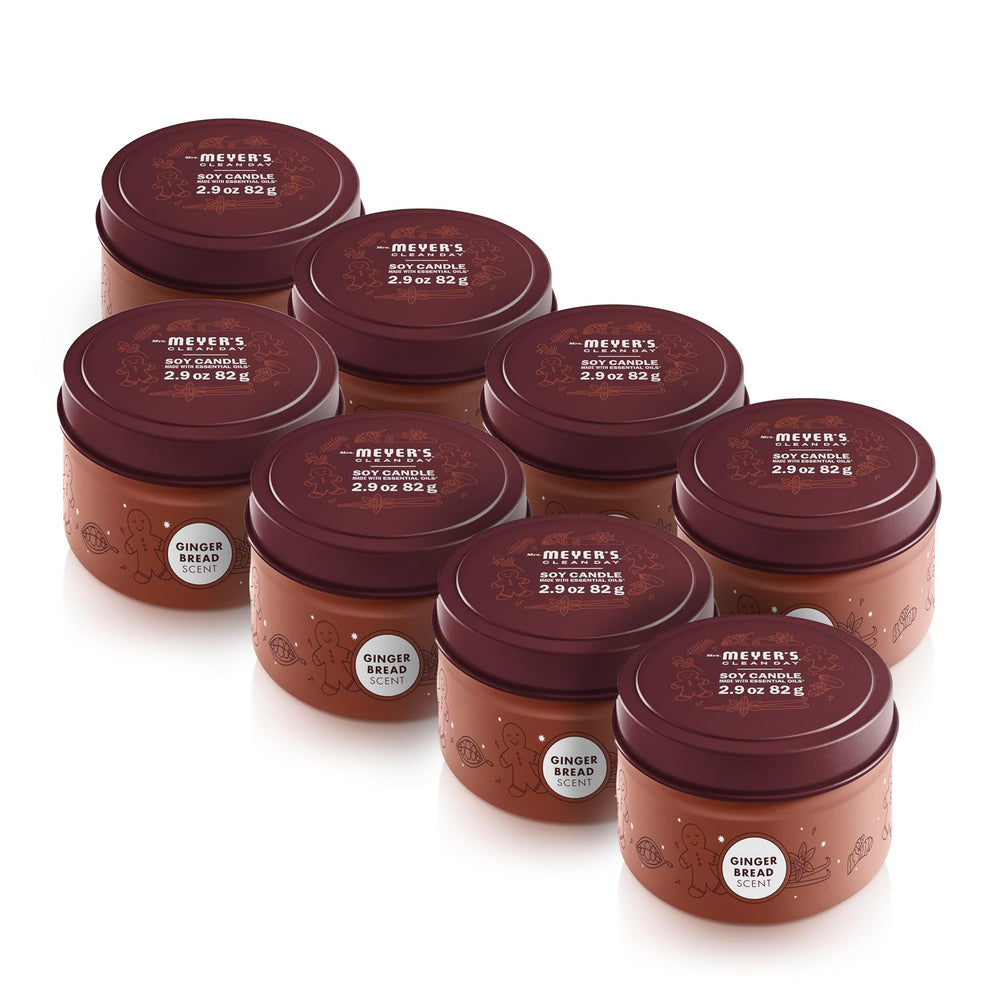 Mrs. Meyer's Gingerbread tin candle eight-pack creates cozy holiday ambiance.