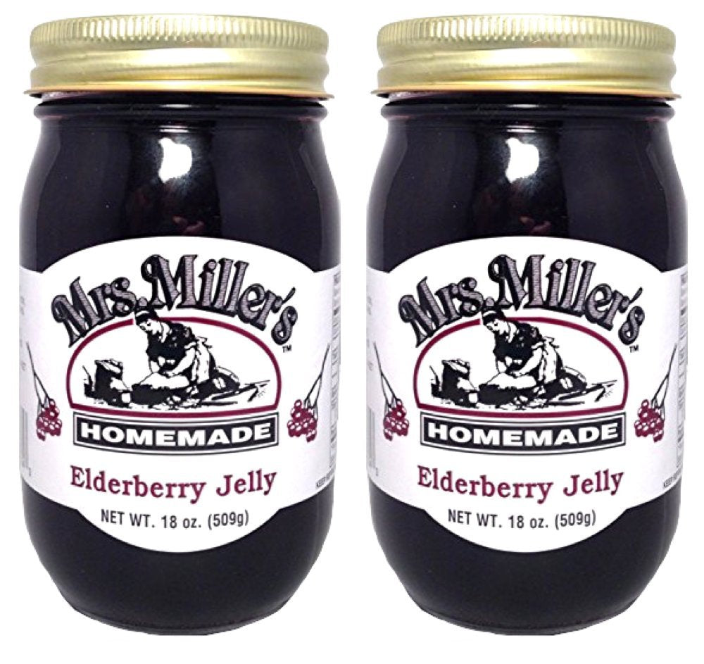 Mrs. Miller's Elderberry Jelly jar front view shows rich color and homemade charm.
