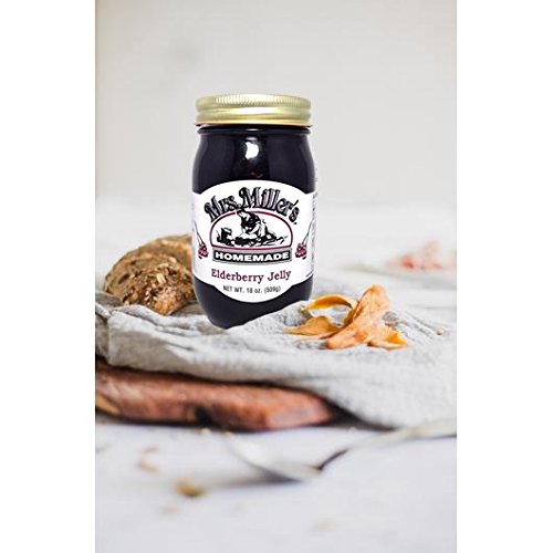 Mrs. Miller's Elderberry Jelly label closeup highlights traditional Amish craftsmanship.