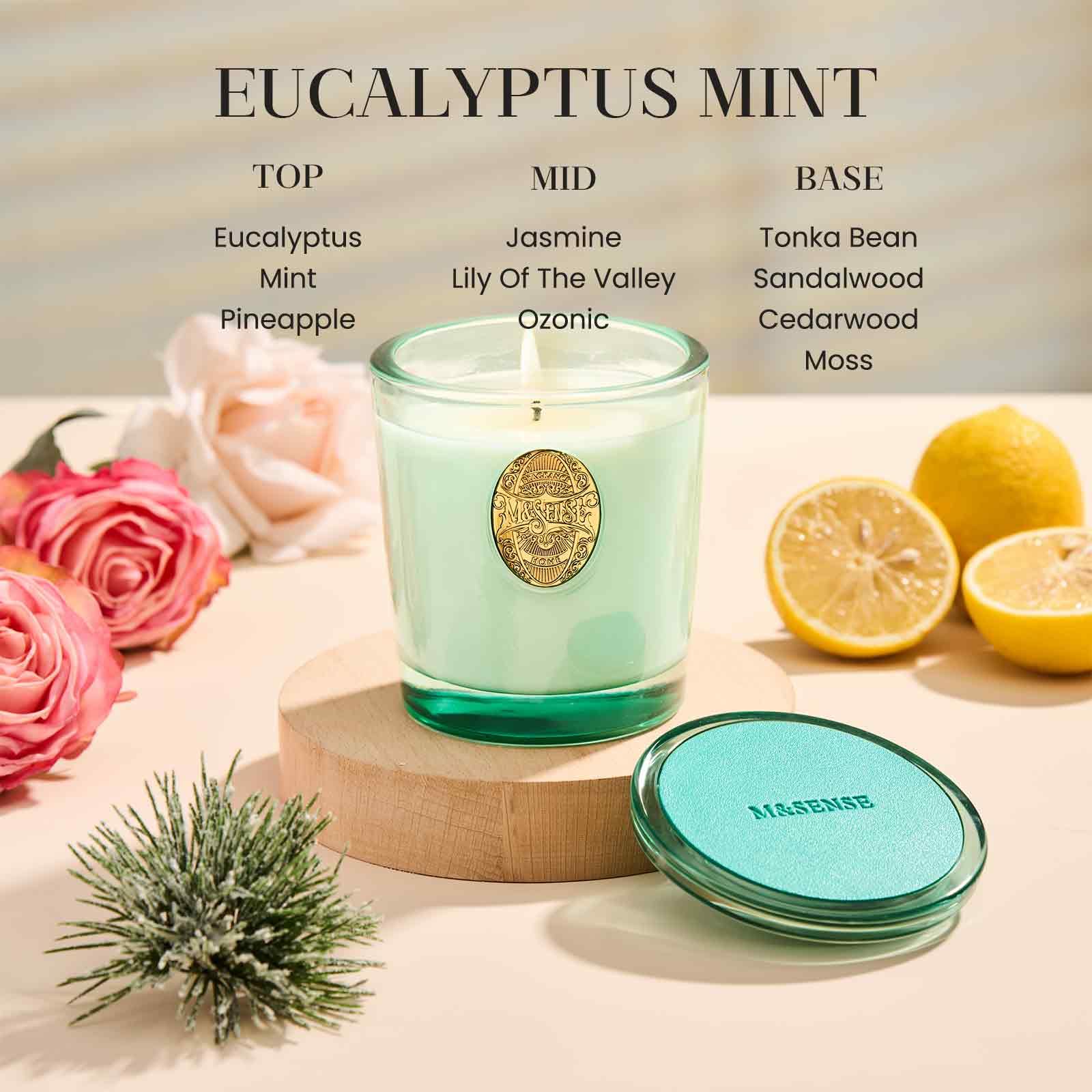 MSENSE candle near label displaying 50-hour burn time for long-lasting fragrance.