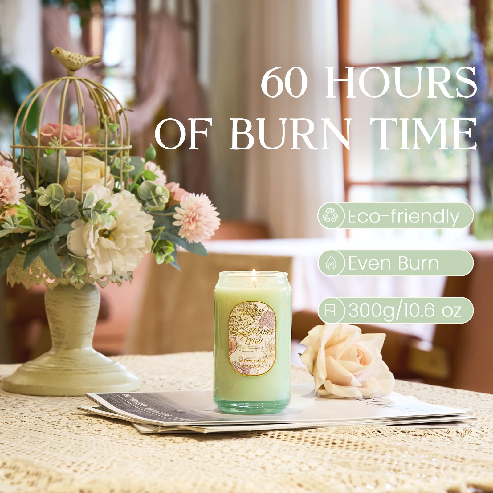 M&SENSE Basil Mint Candle burns up to 60 hours for extended ambiance.