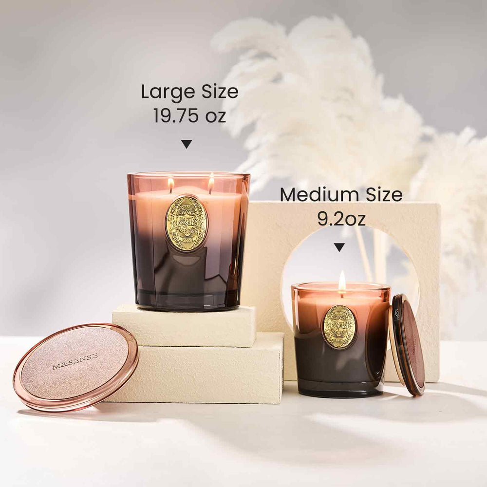 MSENSE 50-hour burn time label on mahogany sandalwood candle