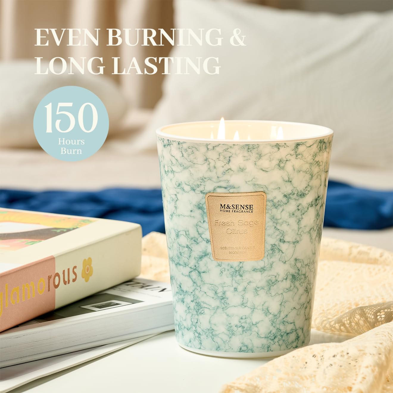 MSENSE candle in a modern living room demonstrates stylish ambience and extended burn