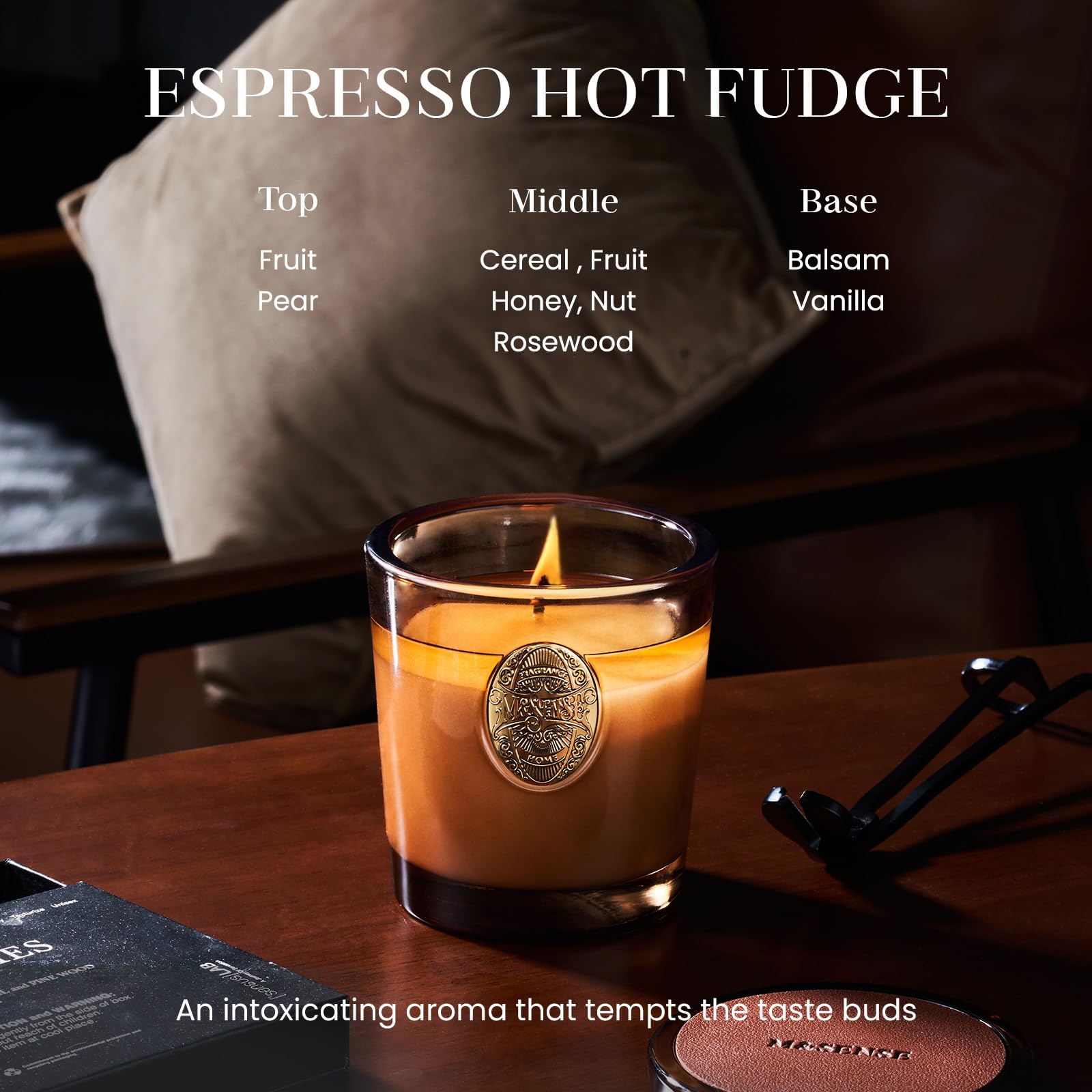 M&SENSE candle in reusable glass vessel showcased for decor