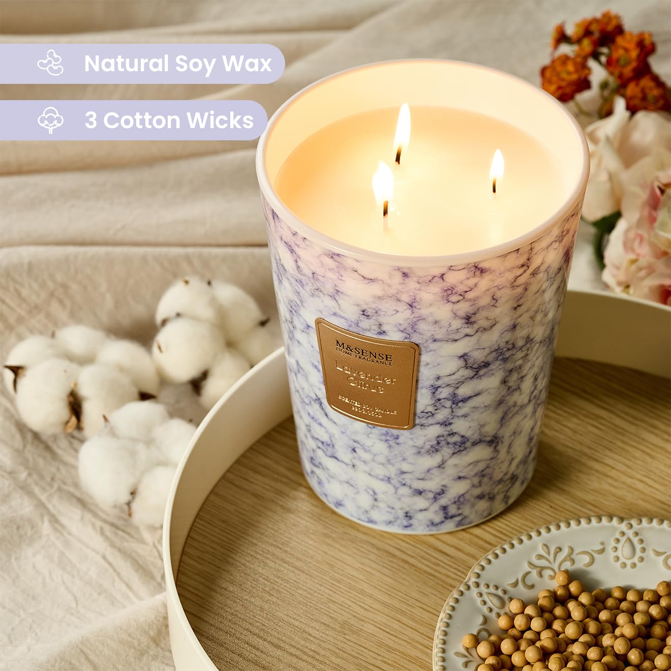 M&SENSE marble-texture jar adds stylish decor while burning softly.