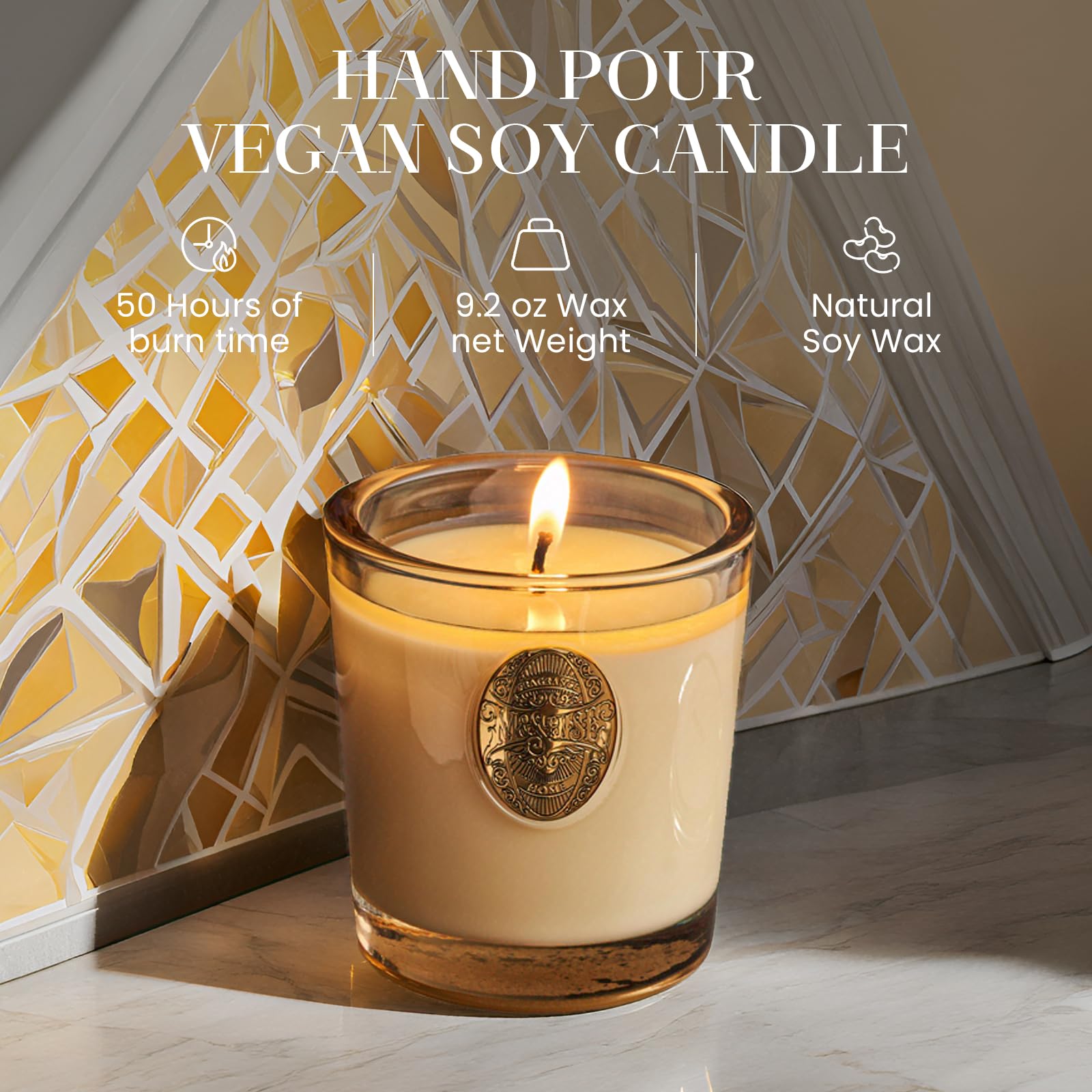 M SENSE Cheer Champagne and Gold candle wick close up highlights clean burn.