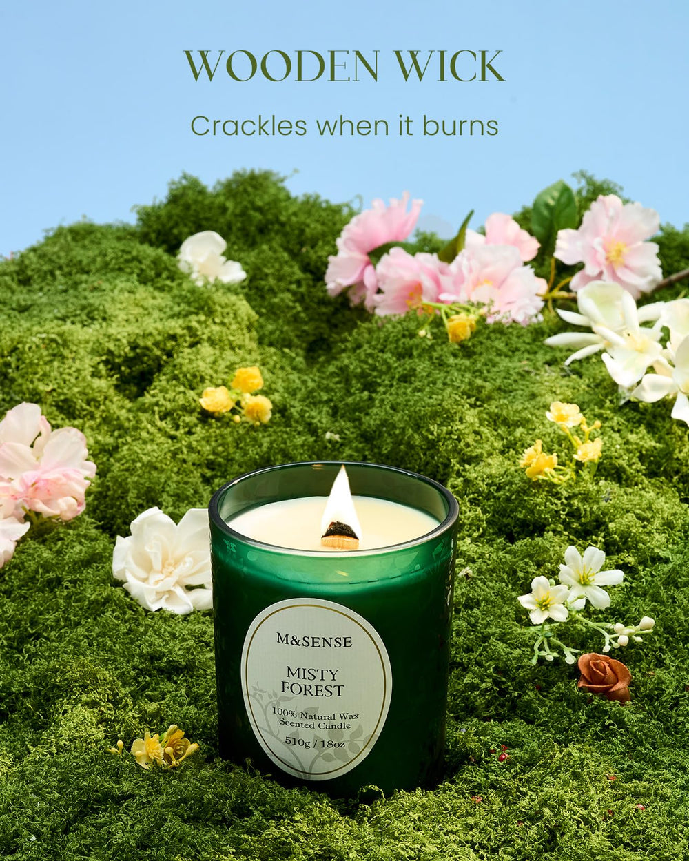 Close up of the crackling wood wick delivering soothing ambience