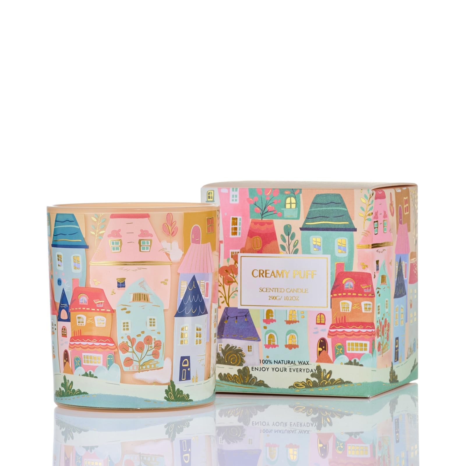 M SENSE Creamy Puff candle close up shows soy wax for a clean burn and steady fragrance