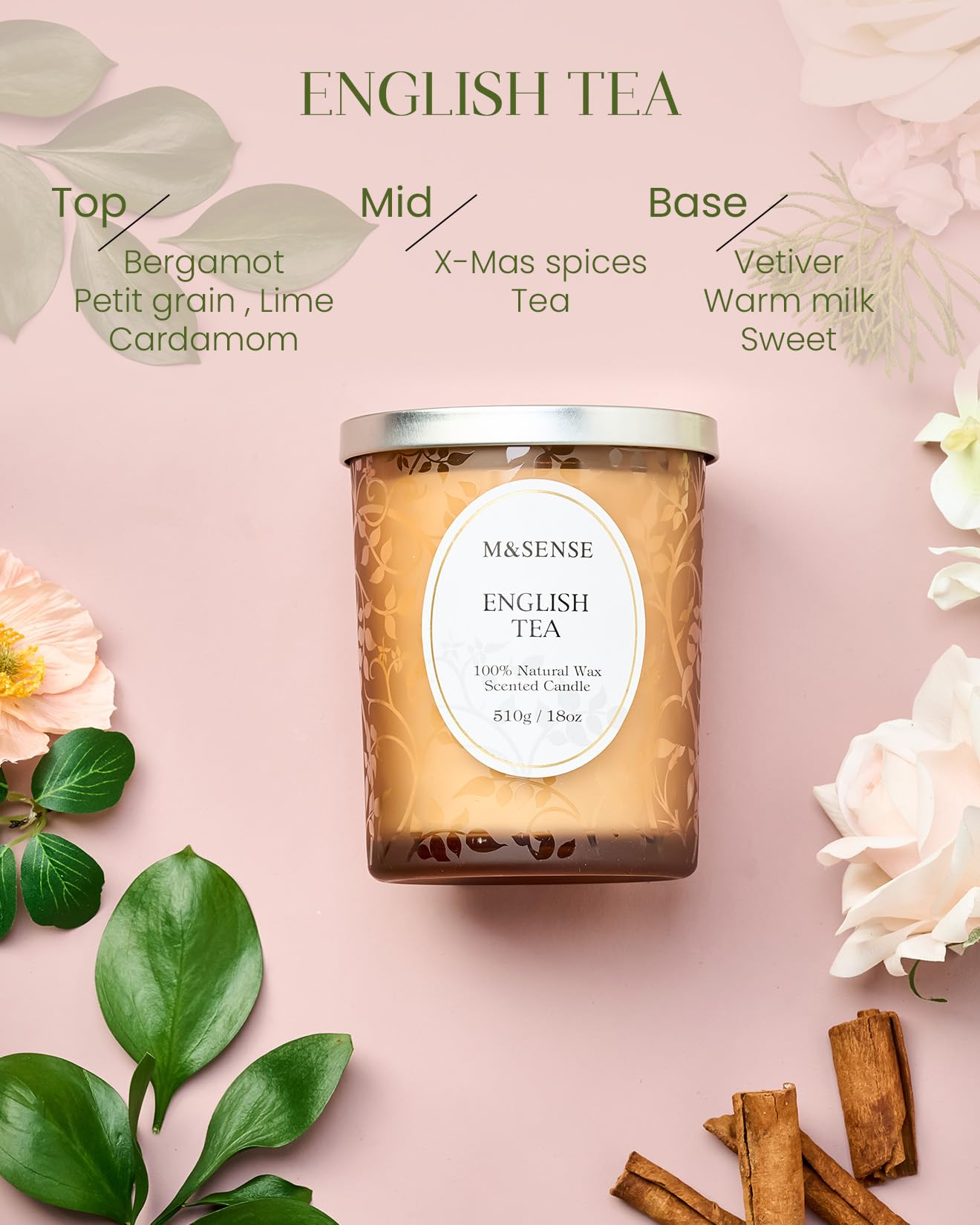 M&SENSE 18oz jar showcases generous burn time and fragrance throw.