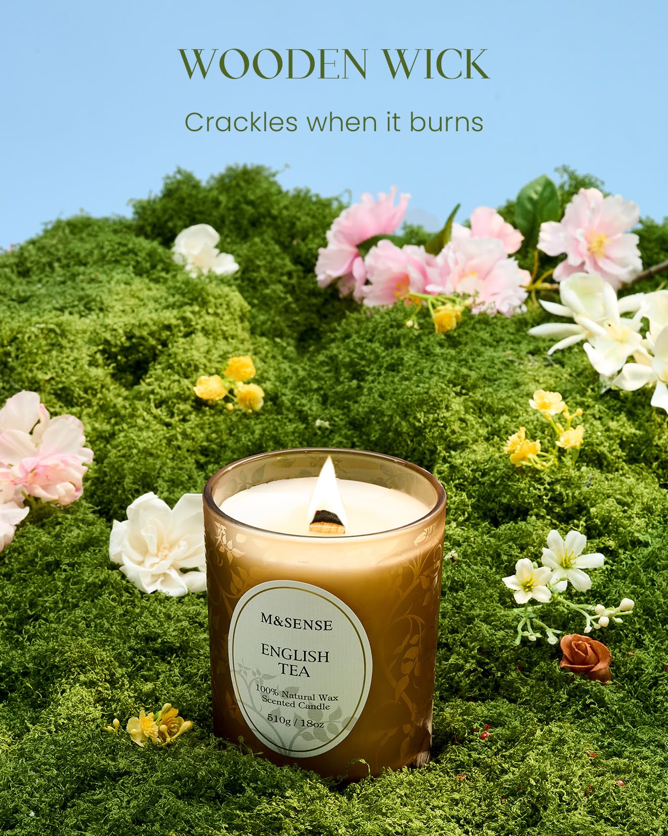 M&SENSE English Tea Soy Candle matte jar closeup highlights elegant design.
