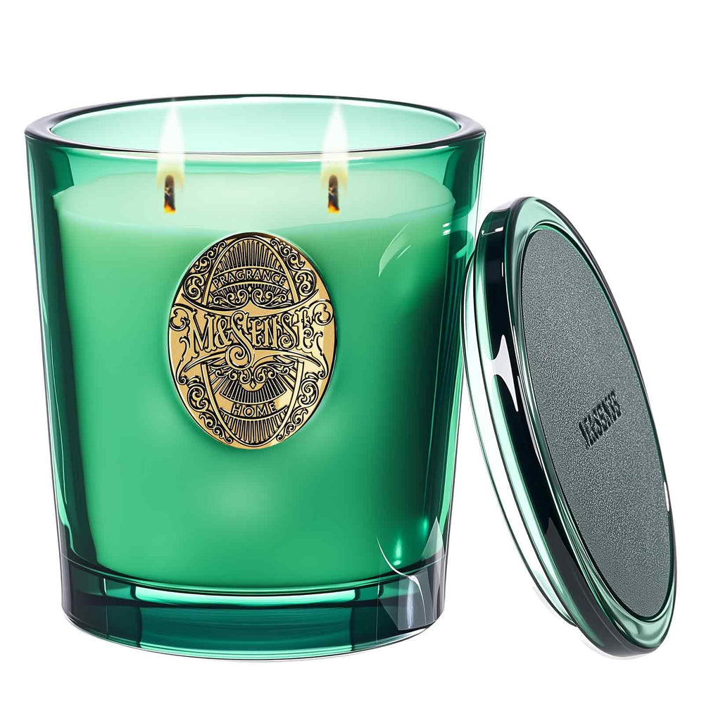 M&SENSE Evergreen Pine large candle in a glass jar fills living spaces with a lush pine scent.