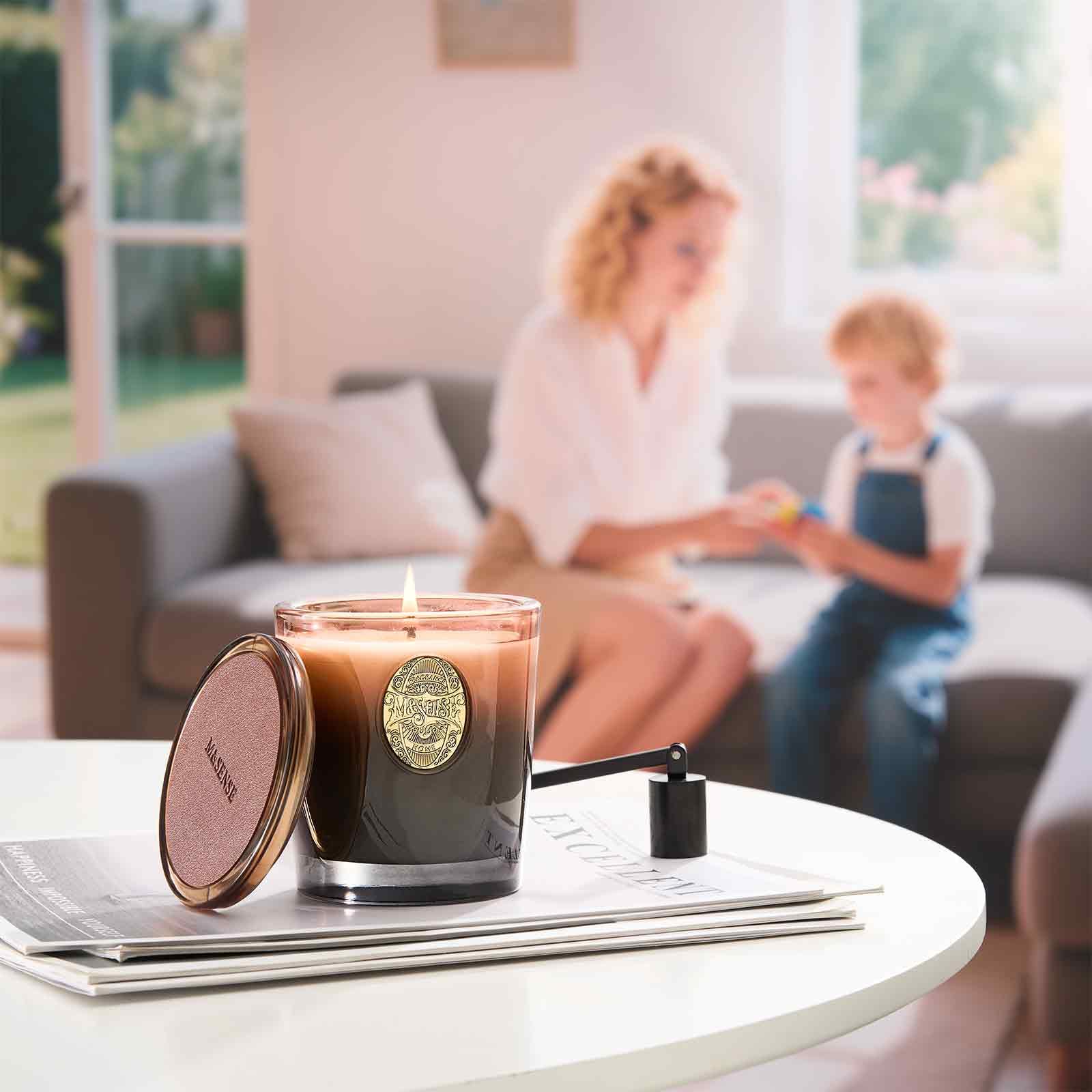 MSENSE gift-ready candle in mahogany sandalwood packaging