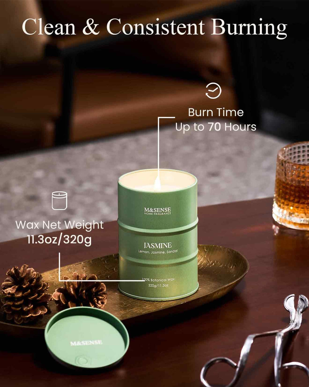 M&SENSE Jasmine candle flame glow creating cozy ambience in room.