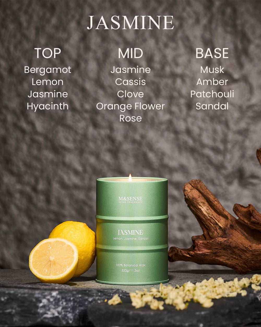 M&SENSE Jasmine candle wax blend detail highlighting sustainable materials.