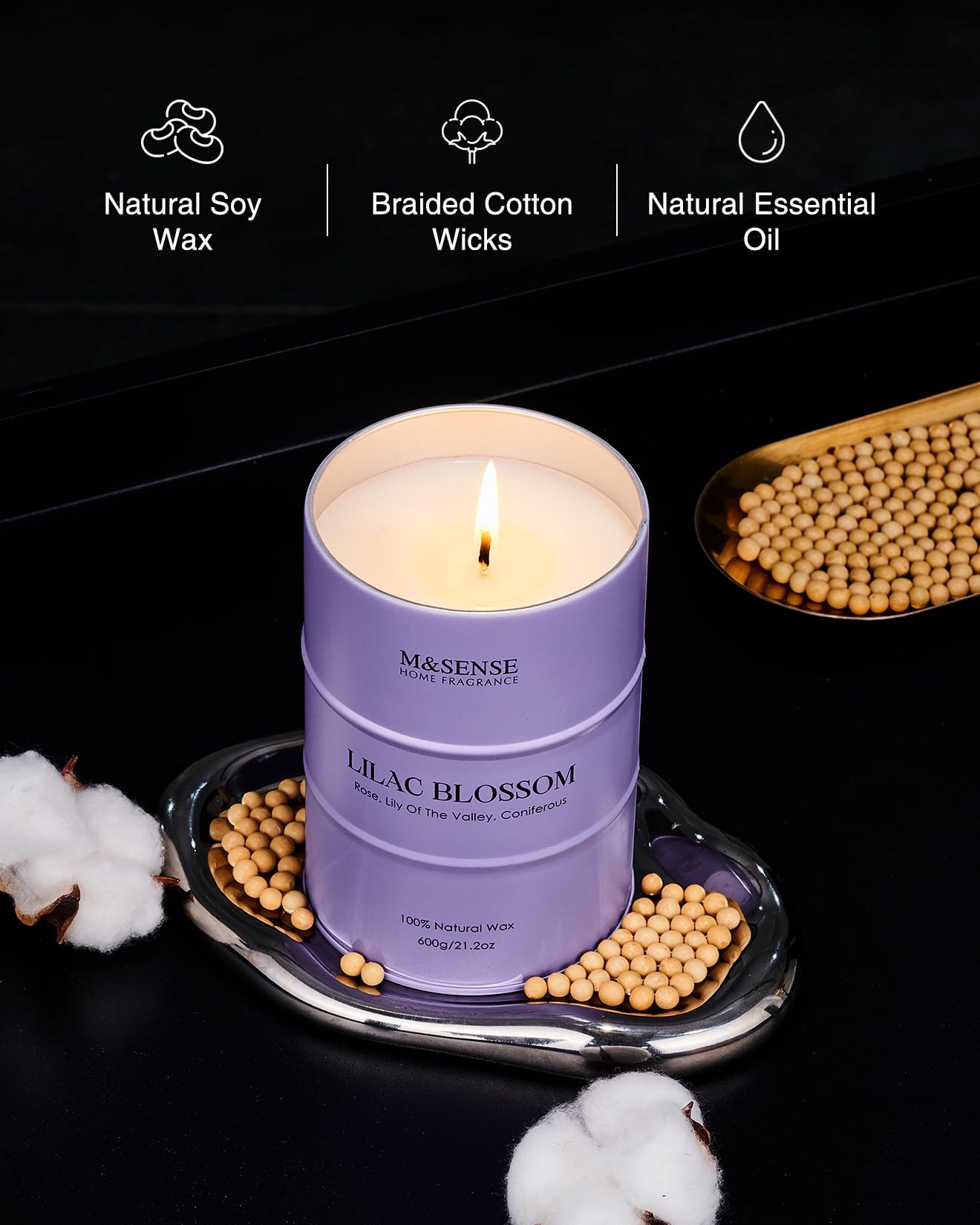 Illuminated room with lilac aroma from a lit M&SENSE candle.