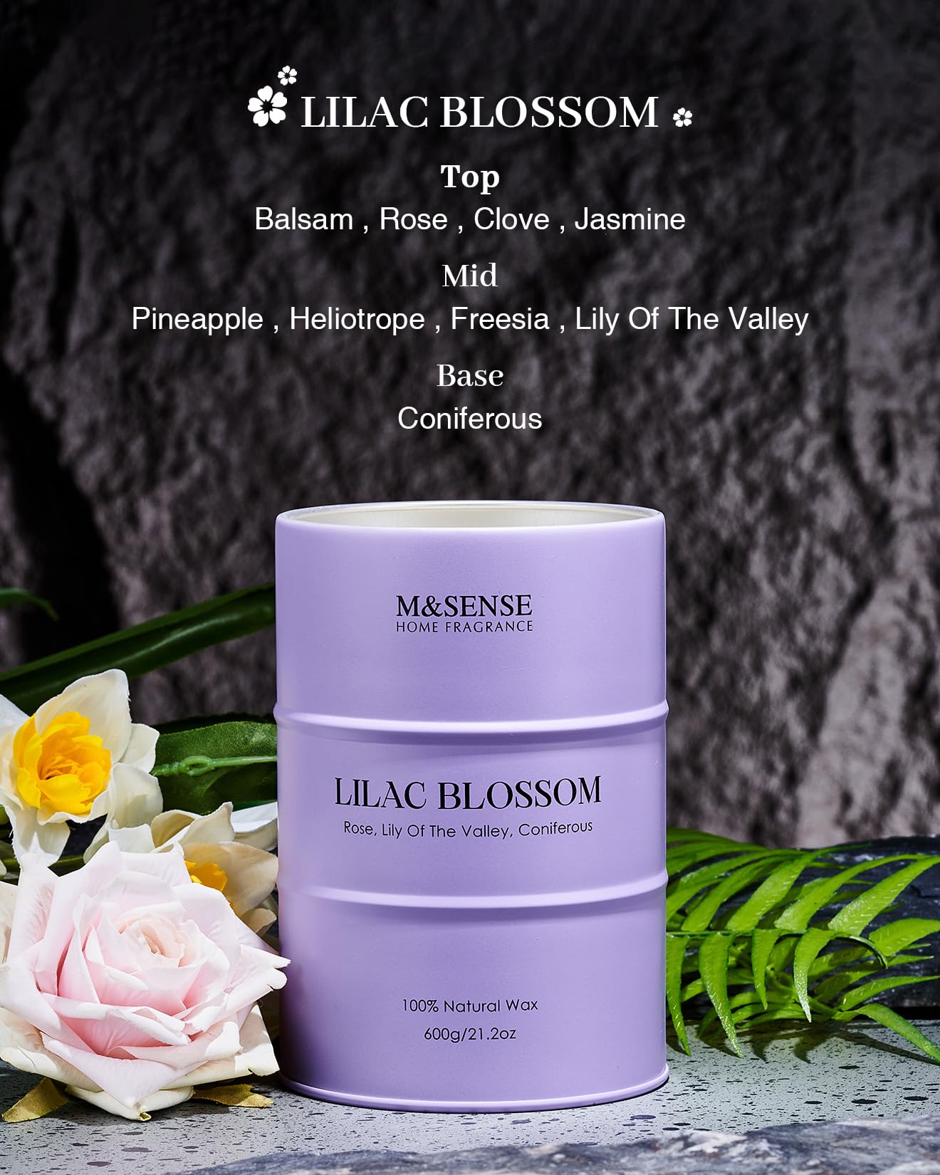 M&SENSE Lilac Blossom candle wick burn highlights steady, clean flame.