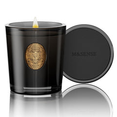 M&SENSE natural soy candle crisp chill close-up with warm glow for relaxation.