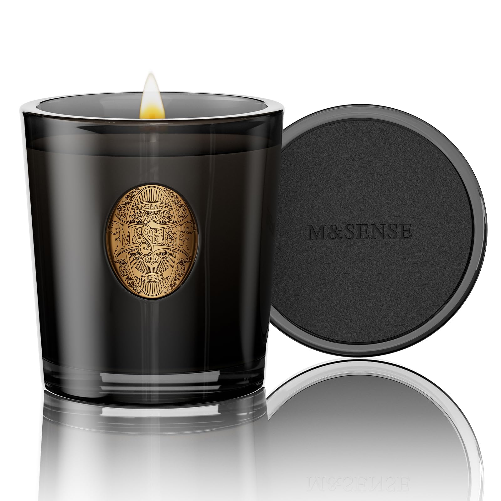 M&SENSE natural soy candle Oud Wood & Black in full view for sophisticated living room ambiance