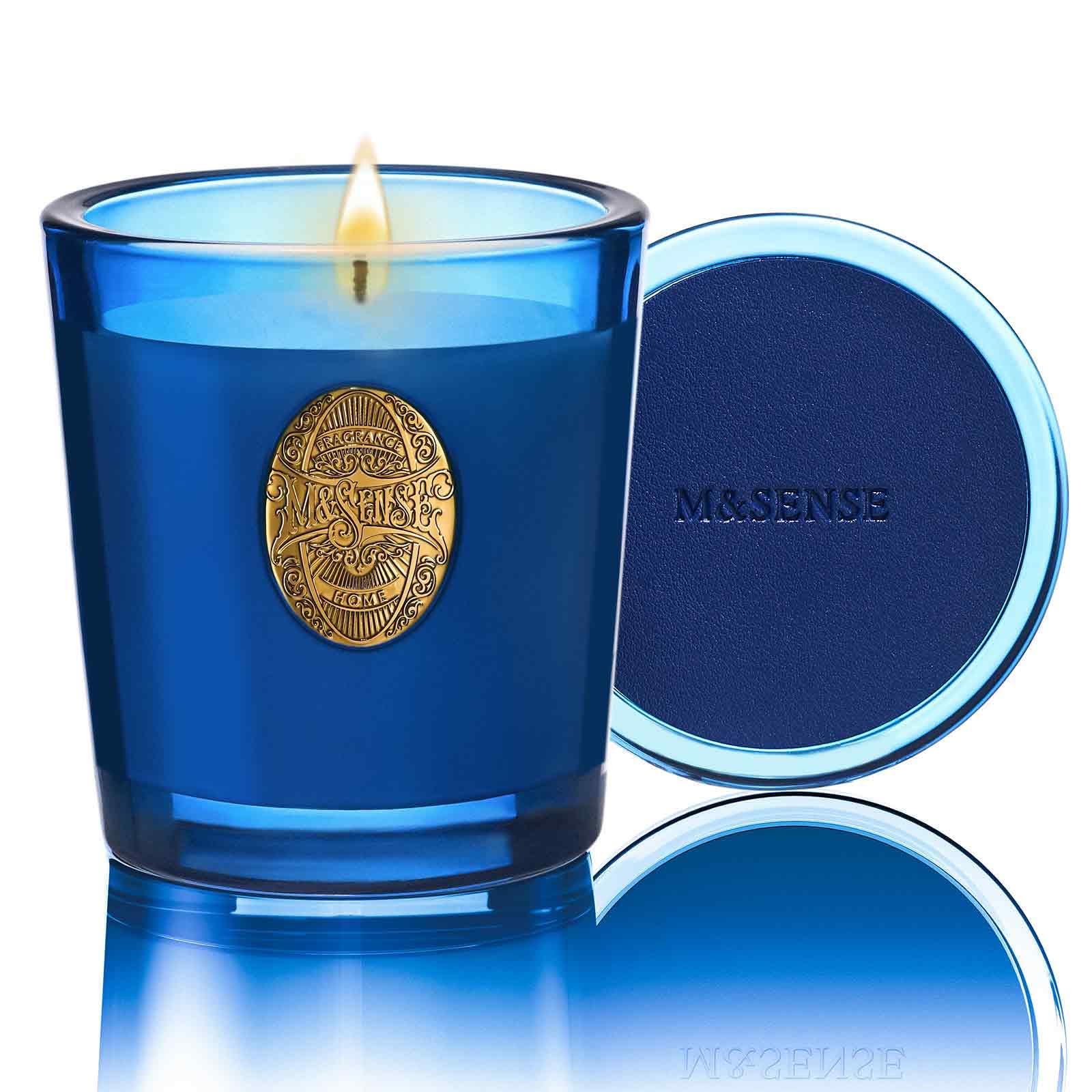 M&SENSE Ocean Dream & Blule candle in a glass jar for calming room ambiance.