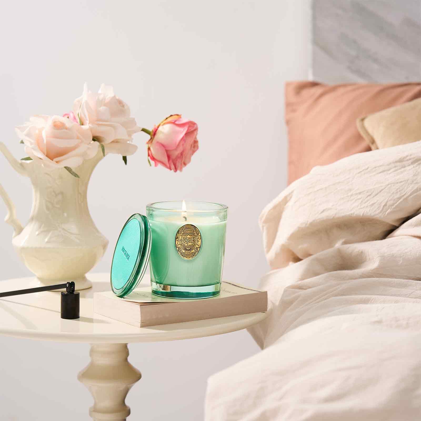 MSENSE candle on a desk in office setting creates calm mood.