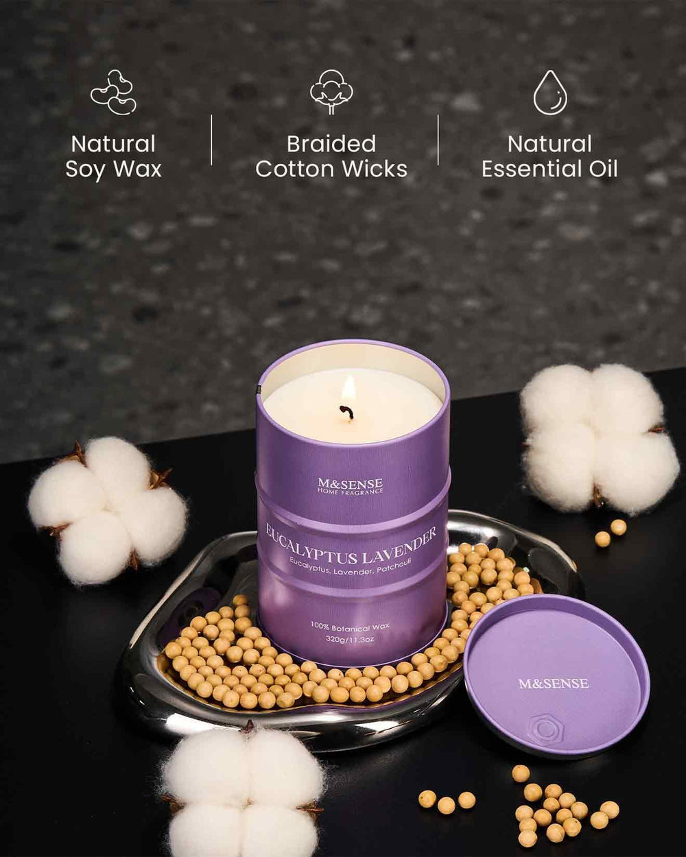 Close-up of M&SENSE soy-palm wax candle showing premium materials and clean burn.