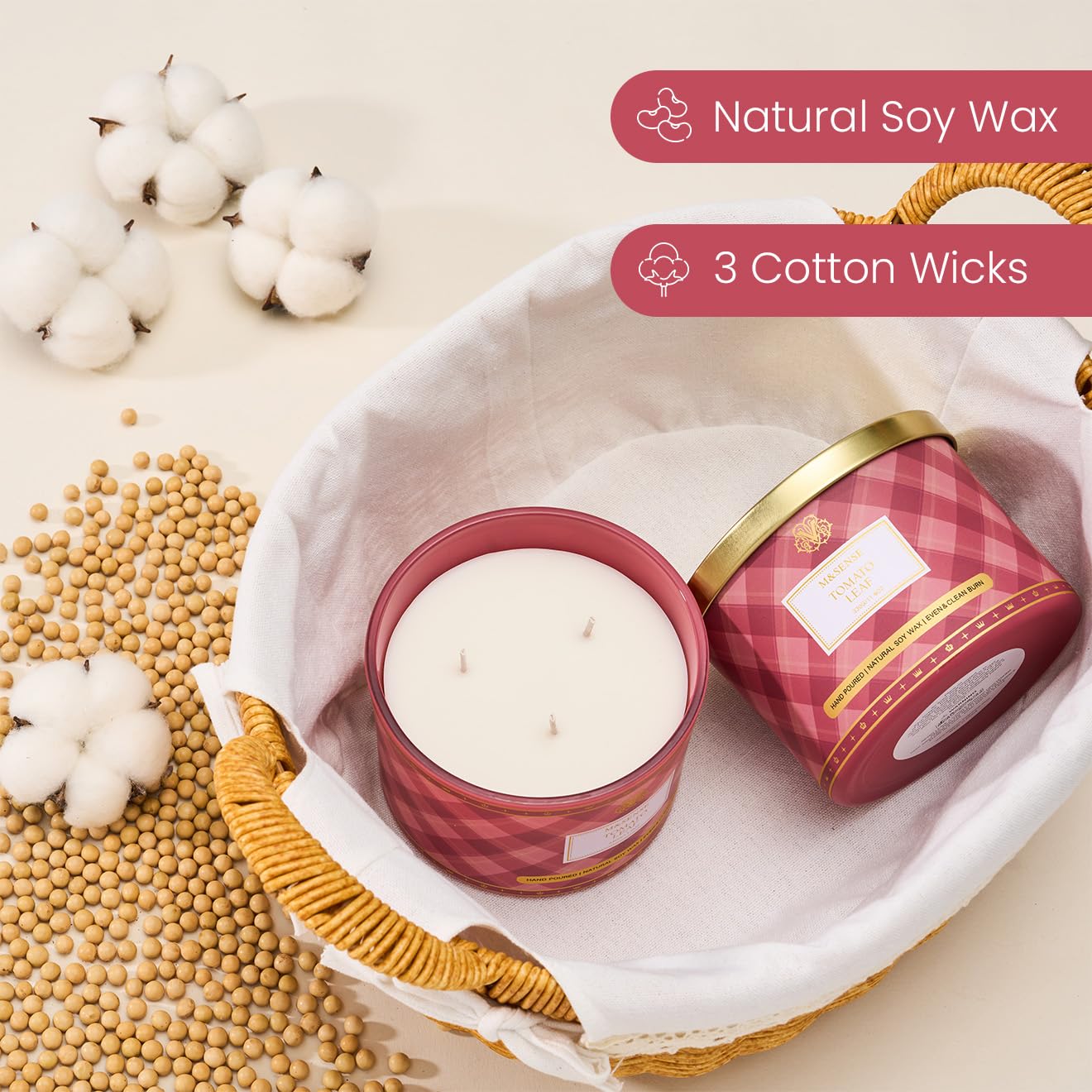 Msense soy-wax candle close-up reveals lead-free cotton wicks for clean burn.