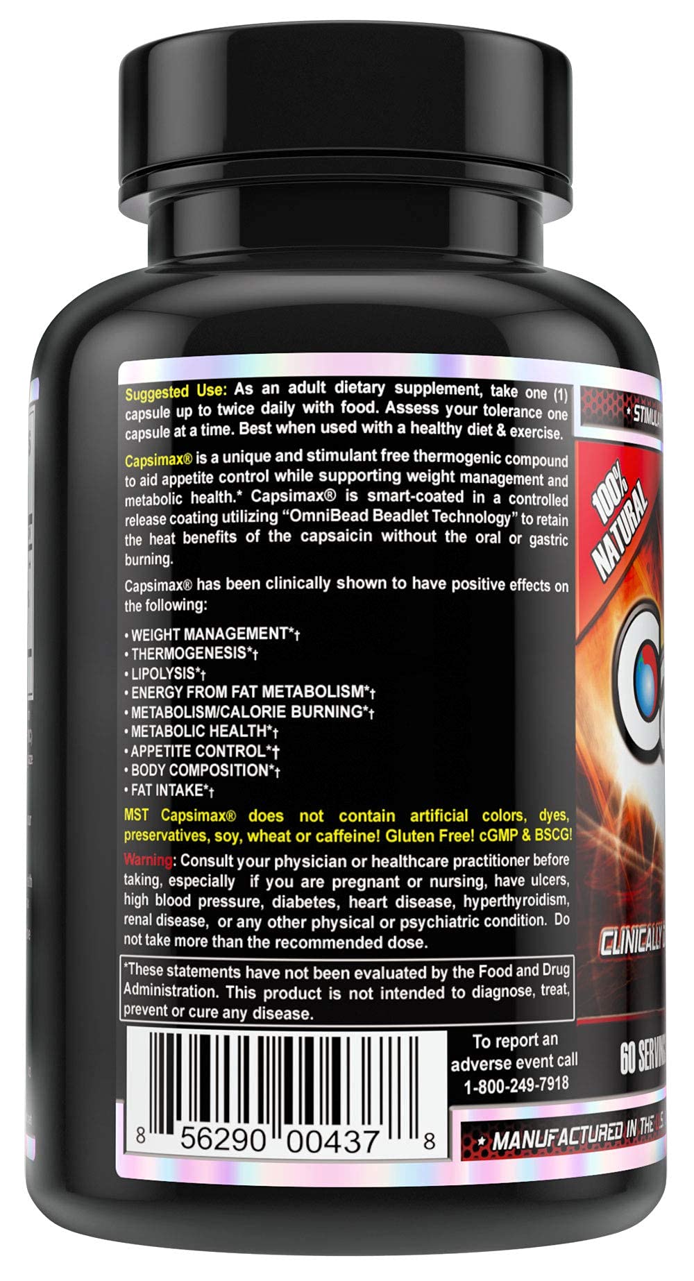 MST Capsimax packaging shot notes 60 servings and stimulant-free formula