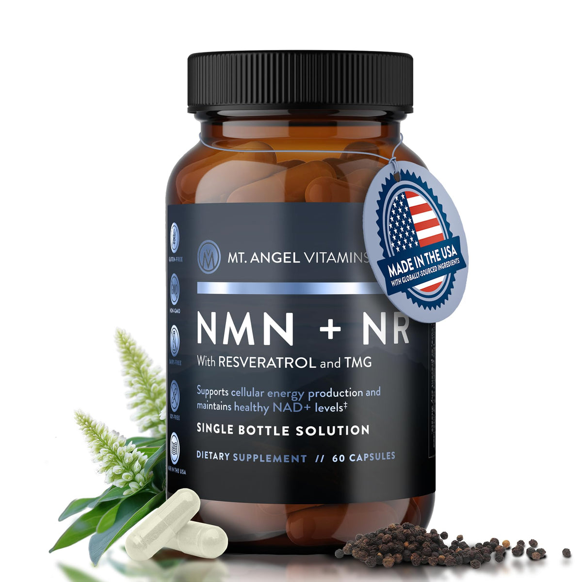 Mt. Angel NMN NR bottle front shows energy-support packaging.